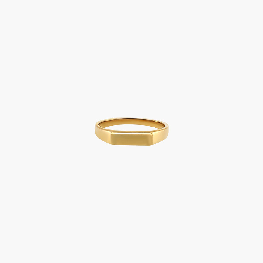 A minimalist gold signet ring with a flat, polished rectangular face and a thin band, centered on a light gray background. - Solid 9K Gold - UNPLATED